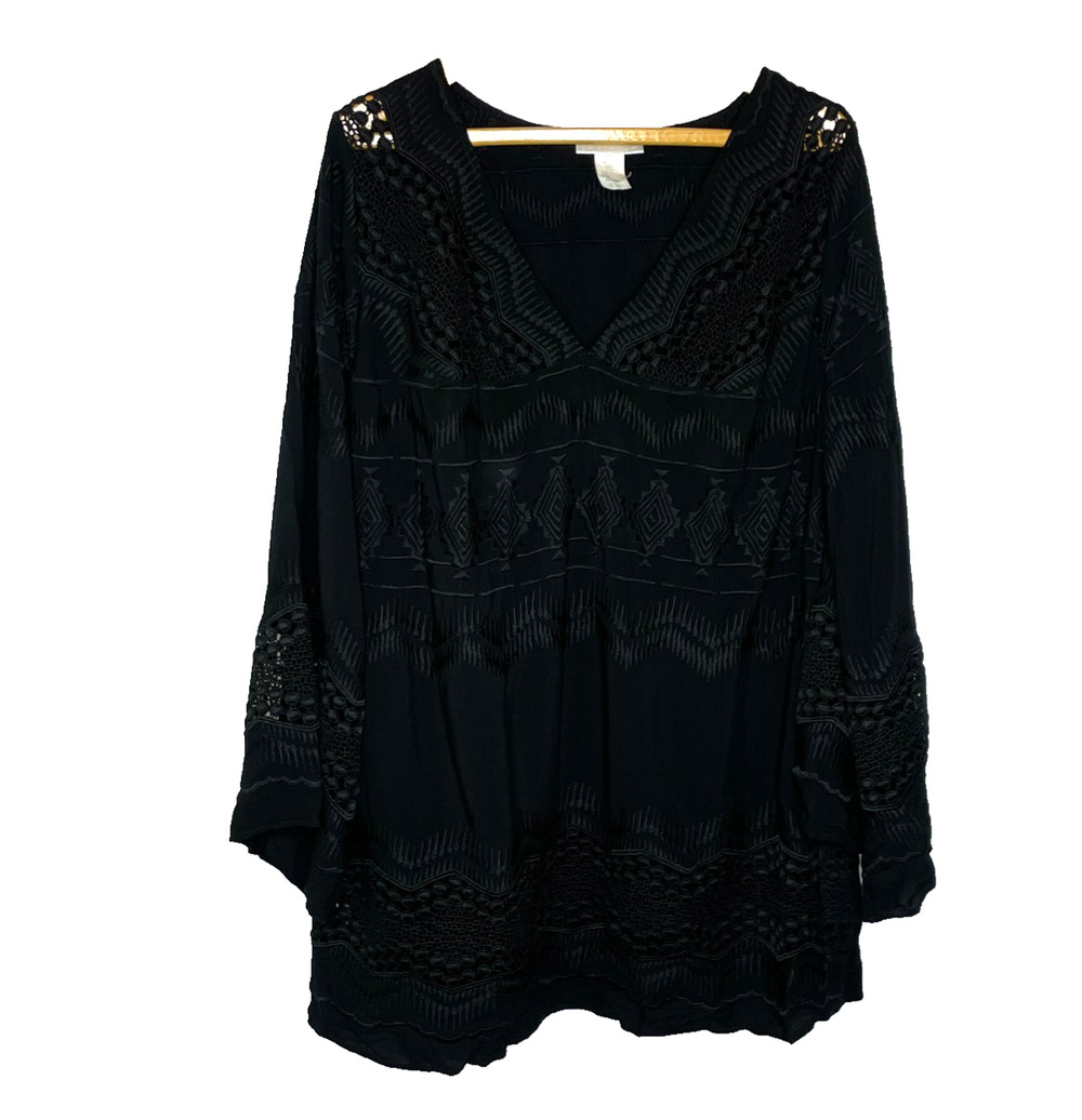 Women's 1X La Blanca Black Embrodiered V-Neck Pullover Swim Cover Up